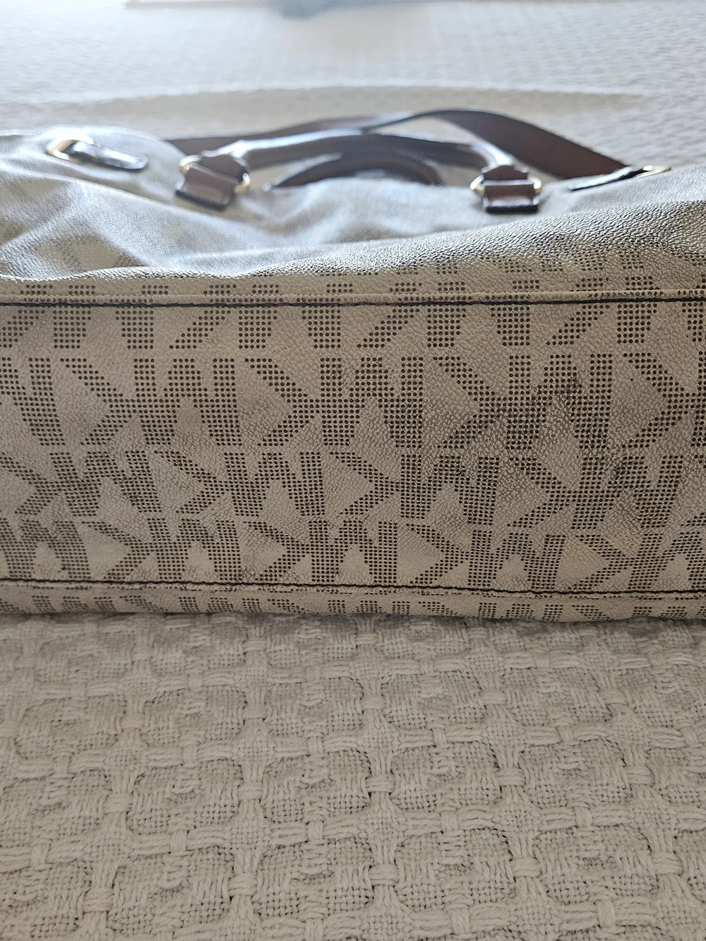 Michael Kors Beige Logo Tote with Brown Leather Handles and Gold Hardware